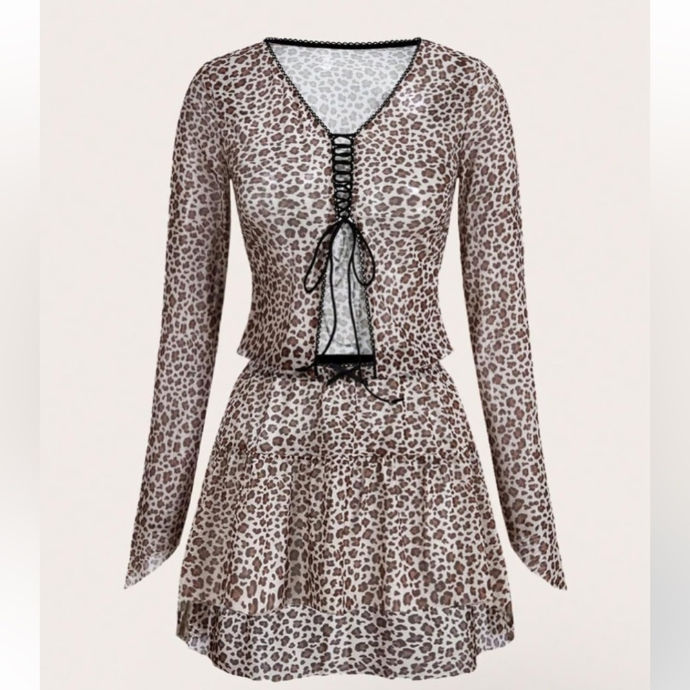 NWT No Label Size M Brown 2pc Animal Print Casual Knit Skirt Set
